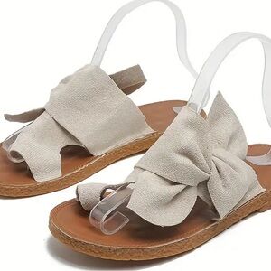 Women's Toe Loop Knotted Flats Slippers, Solid Color Open Toed Bohemian